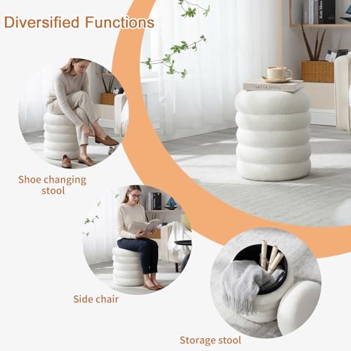 White Round Storage Ottoman Upholstered Sherpa Foot Stool Ottoman Small Boucle Foot Rest Stool for Dorm/Living Room/Entryway/Bedroom