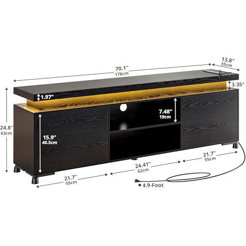 TV Stand for 85 inch TV, TV Console with LED Lights and Power Outlet, Long Entertainment Center with Cabinets and Storage Shelves, TV Stand Black for Bedroom Living Room