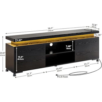 TV Stand for 85 inch TV, TV Console with LED Lights and Power Outlet, Long Entertainment Center with Cabinets and Storage Shelves, TV Stand Black for Bedroom Living Room