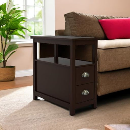 Side Table Living Room Narrow Rustic End Table Bedroom with 2 Drawers and 1 Open Shelf for Small Space（Brown, 23.6" L x 11.8" W x 24’’H）