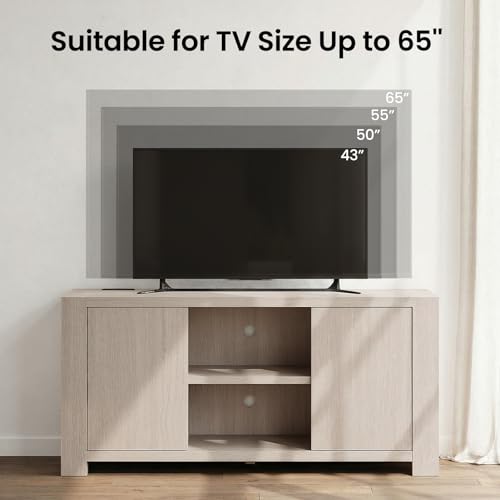 58'' TV Stand for TVs Up to 65'', Entertainment Center with Outlet, 2 Storage Cabinet, Wood Television Media Console Cabinet with Adjustable Shelf for Living Room, Bedroom, White Oak Gray