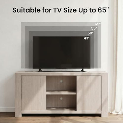 58'' TV Stand for TVs Up to 65'', Entertainment Center with Outlet, 2 Storage Cabinet, Wood Television Media Console Cabinet with Adjustable Shelf for Living Room, Bedroom, White Oak Gray