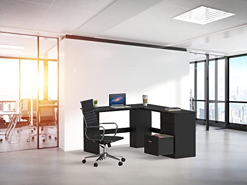51 x 59 Inches L-Shaped Home Office Wood Corner Desk with Box Box File Drawers, Black