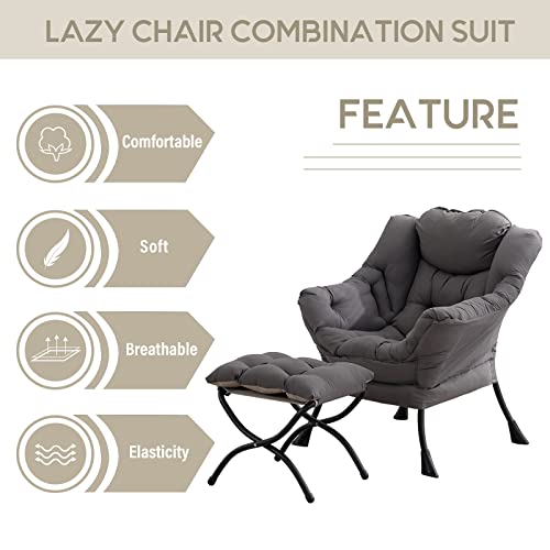 Lazy Chair with Ottoman, Modern Accent Leisure Upholstered Lazy Sofa Armchair, Contemporary Lounge Reading Chair with Armrests and a Side Pocket for Living Room, Bedroom & Small Space, Dark Grey