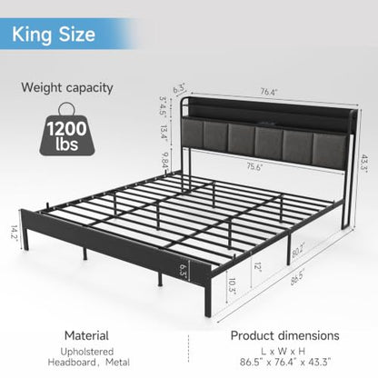 King Upholstered Metal Platform Bed Frame with RGB LED & Charging, view 3