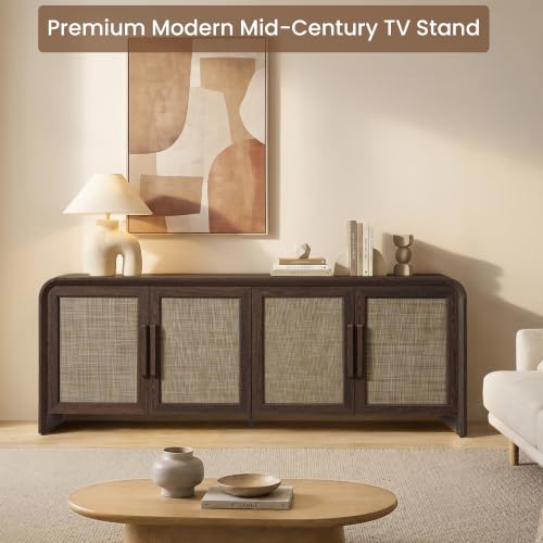 65" Rattan TV Stand with Storage for 75" TV,Dark Walnut, view 5