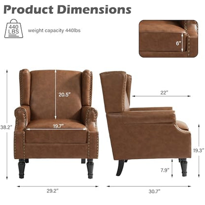 High Back Accent Chairs Set of 2, Faux Leather Upholstered Armchair Wingback Chair for Living Room, Comfy Single Sofa Solid Wood Legs Bedroom Reading Seat (Brown)