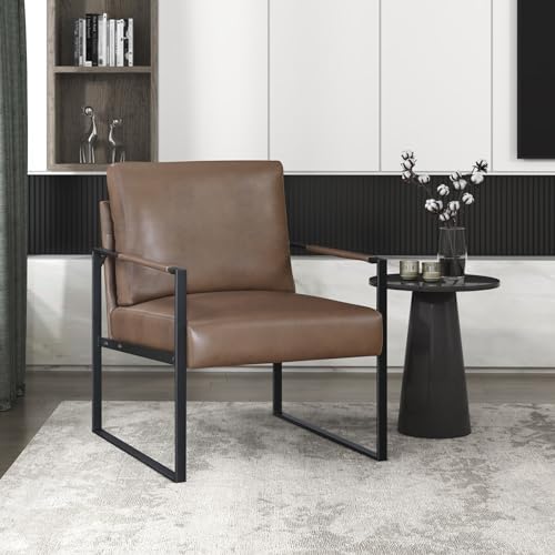 Modern Accent Chair, Faux Leather Upholstered Living Room Chair with Wrapped Armrests, Arm Chair with Black Metal Frame, Comfy Single Chair for Living Room/Bedroom/Reading Room/Office, Brown
