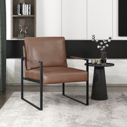Modern Accent Chair, Faux Leather Upholstered Living Room Chair with Wrapped Armrests, Arm Chair with Black Metal Frame, Comfy Single Chair for Living Room/Bedroom/Reading Room/Office, Brown