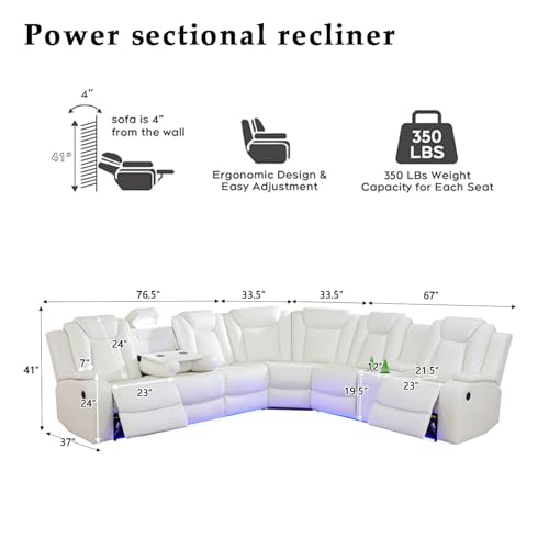 Power Recliner Sofa Set Sectional Couches with LED Light for Living Room, Leather Reclining Corner Sectional Sofa Set with 2 Recliner Seats, Cup Holder, Storage Console, Creamy White