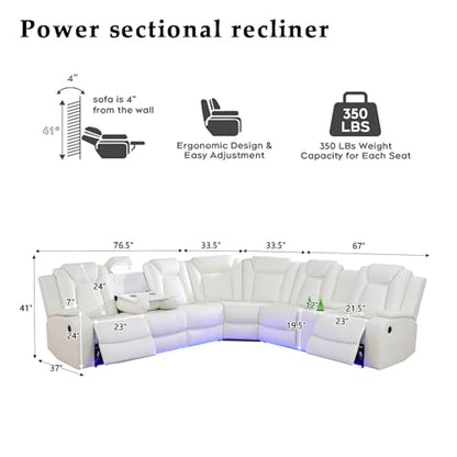 Power Recliner Sofa Set Sectional Couches with LED Light for Living Room, Leather Reclining Corner Sectional Sofa Set with 2 Recliner Seats, Cup Holder, Storage Console, Creamy White