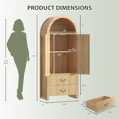 71" Arched Storage Cabinet with Fluted Doors, Tall Wood Pantry Cabinet with Drawers & Adjustable Shelves, Modern Coffee Bar Cabinet, Natural Oak