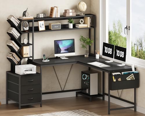 L Shaped Desk with Hutch, Reversible Computer Desk with Drawers and Bookshelf, Home Office Desks with Storage Shelves for Bedroom Home Office, Black