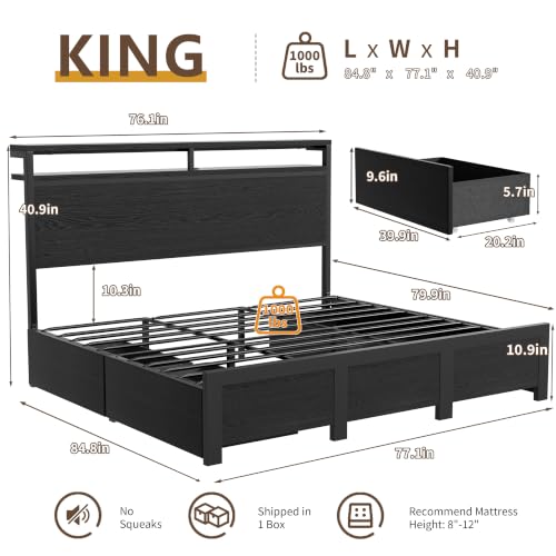 King Bed Frame with 4 Storage Drawers, Charging Station and LED Lights, view 3