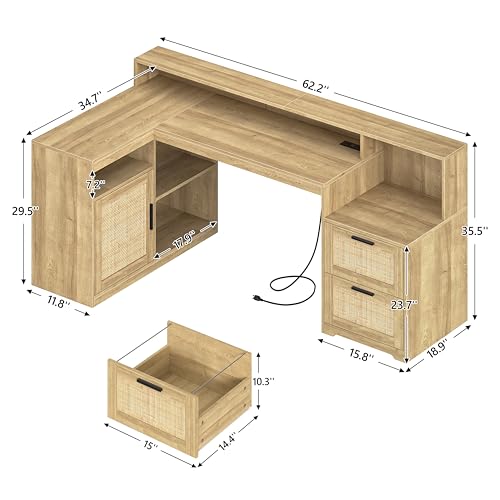 Farmhouse L Shaped Desk with Drawers, 62.2" Home Office Desk with Storage Shelves and Power Outlet, L Shaped Computer Desk with Monitor Stand and Printer Shelf, Oak/Rattan