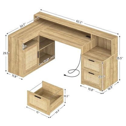Farmhouse L Shaped Desk with Drawers, 62.2" Home Office Desk with Storage Shelves and Power Outlet, L Shaped Computer Desk with Monitor Stand and Printer Shelf, Oak/Rattan