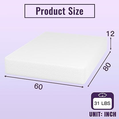 PayLessHere | 12" Queen Memory Foam Mattress | White | Medium Firm, view 3