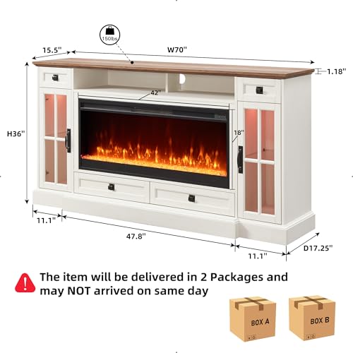 70" Farmhouse Fireplace TV Stand for 80 Inch TV, Antique White, view 3