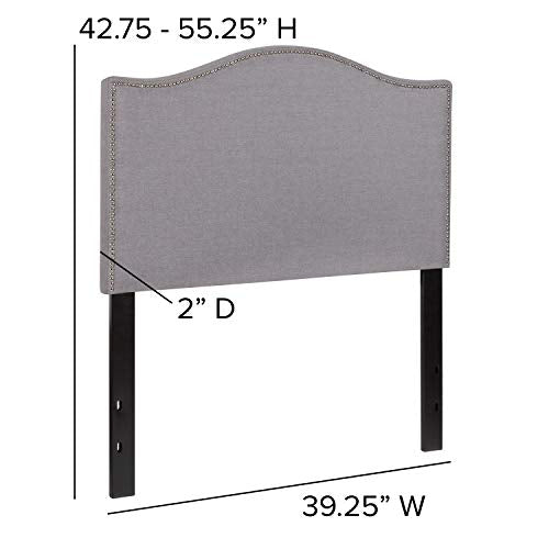 Upholstered Twin Size Headboard with Nailtrim in Light Gray Fabric