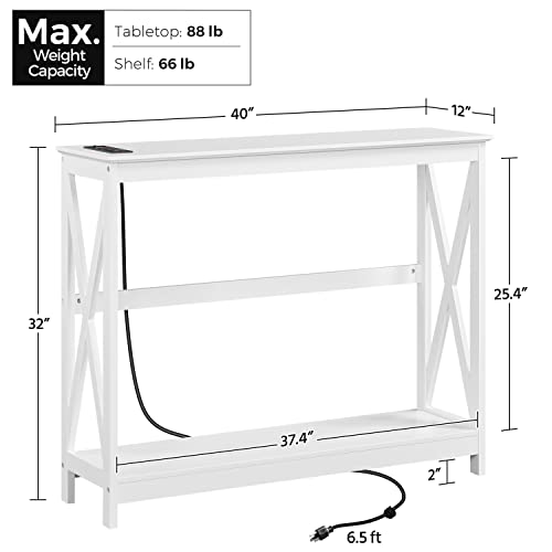 Yaheetech 40" Console Table with 2 Outlet and 2 USB Ports, Wooden Entryway Table with X-Shaped Design, Narrow Sofa Table for Living Room and Hallway,White