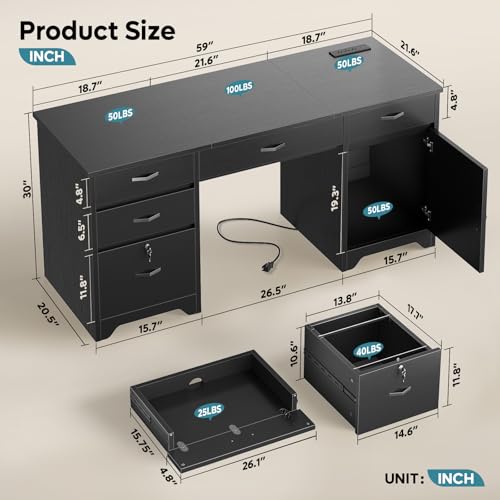 59” Office Desk with Lockable Drawers & Charging Station, Black, view 3