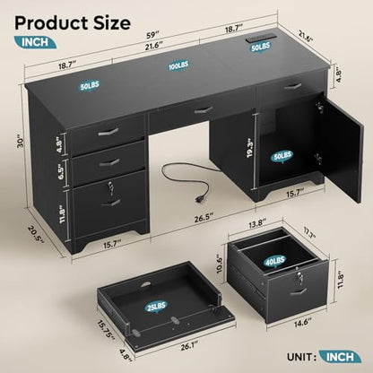 59” Office Desk with Lockable Drawers & Charging Station, Black, view 3