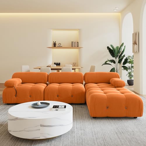 104'' Modular Sectional Sofa, L-Shaped Velvet Modular Couch with Reversible Chaise Ottoman, Modern Cloud Sectional Couches for Living Room, Apartment (3 Seats, 1 Ottoman, Orange)