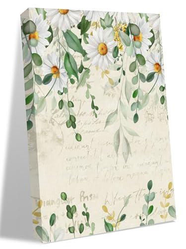 NuYeBiofx Countryside Daisies Eucalyptus Leaves Canvas Wall Art Prints,40"x28" Framed Picture Artwork Vintage Botantical Printed Canvas Oil Painting for Living Room Bedroom Office,Ready to Hang