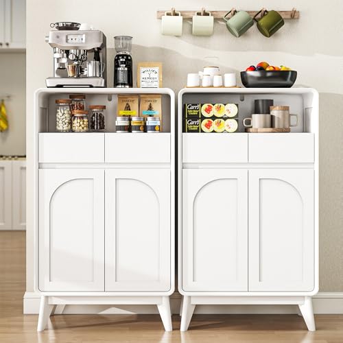 Set of 2 Bathroom Storage Cabinet, Tall Kitchen Storage Cabinet with Drawers and Shelves, Corner Coffee Bar Table Freestanding Sideboard for Living Room, Entryway, White