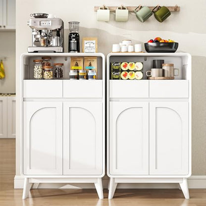 Set of 2 Bathroom Storage Cabinet, Tall Kitchen Storage Cabinet with Drawers and Shelves, Corner Coffee Bar Table Freestanding Sideboard for Living Room, Entryway, White