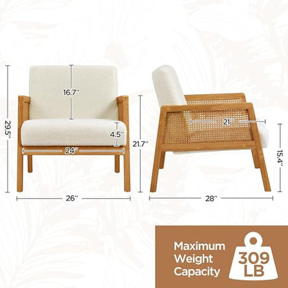 Yaheetech Rattan Accent Chairs Set of 2, Boho Vintage Armchair, Boucle Fabric Reading Chair with Wood Armrest and Legs for Living Room Bedroom Reception, Ivory