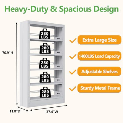 71 Tall Metal Bookshelf, White Bookcase Industrial, 5-Tier Bookshelf Storage with Adjustable Shelf, Modern Book Shelves Heavy Duty with Bookend for Home, Office, Library, Includes Book Stoppers