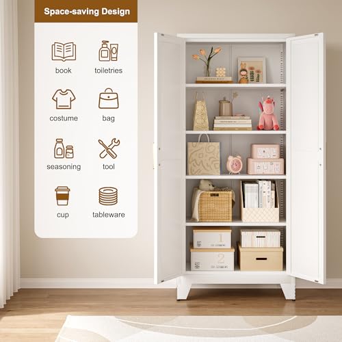 71" Metal Storage Cabinet with Doors and Shelves, Tall Pantry Cabinet in White with 2 Doors & 4 Adjustable Shelves, All-Steel Farmhouse Cupboard for Kitchen, Living Room,Home Office,Garage