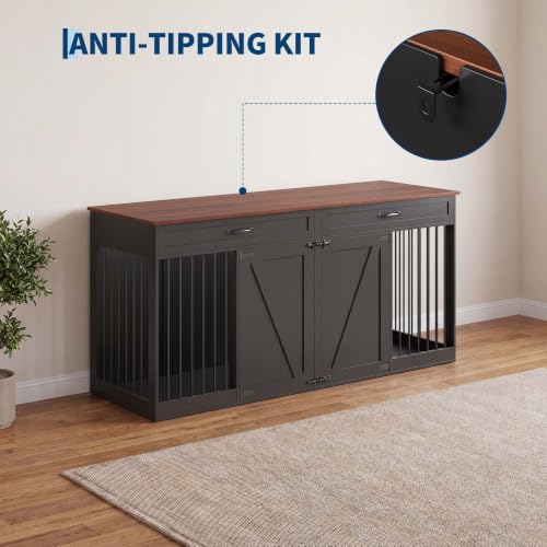 71'' Double Dog Crate Furniture for 2 Dogs, Dog Crate with 2 Drawer, view 8