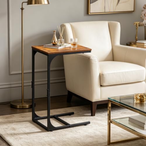 C Shaped End Table, Small Couch Side Tables with Metal Frame that Slide Under, Sofa Table TV Tray for Living Room, Bedroom, Rustic Brown