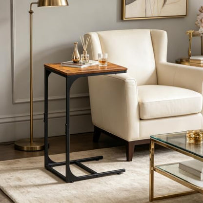 C Shaped End Table, Small Couch Side Tables with Metal Frame that Slide Under, Sofa Table TV Tray for Living Room, Bedroom, Rustic Brown