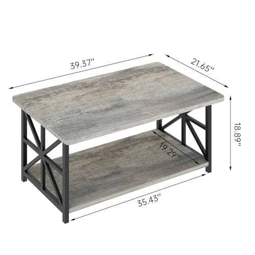 Gray Coffee Table for Living Room with Round Corners, 2 Tier Living Room Table with Storage Shelf,Rectangular Coffee Table Center Table for Small Spaces,Easy Assembly