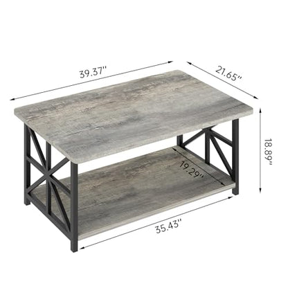 Gray Coffee Table for Living Room with Round Corners, 2 Tier Living Room Table with Storage Shelf,Rectangular Coffee Table Center Table for Small Spaces,Easy Assembly