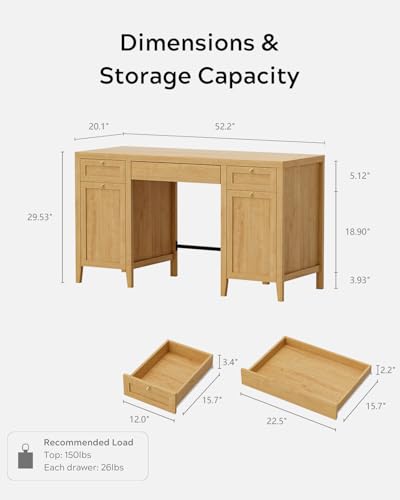 52" Large Executive Desk with Drawers, Farmhouse Wooden Home Office Desk with Storage Cabinet, Modern Computer Writing Desk for Work Study, Workspace, Natural Oak