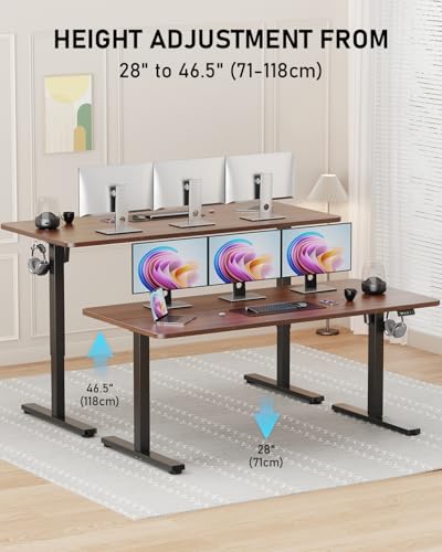 63" Electric Standing Desk Adjustable Height, Sit Stand up Desk for Home Office & Computer Workstation, 2 Memory Height Settings, Splice Board, 2 Hooks, Black Frame/Walnut Top