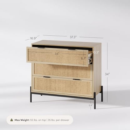 Nathan James Andrew 3-Drawer Rattan Dresser or Boheminan Living Room Storage Cabinet with Natural Rattan Accent and Metal Legs, Light Oak/Black