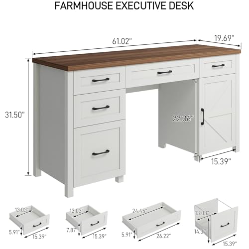 Farmhouse 61'' Executive Desk with 5 Drawers,Unique White, view 3