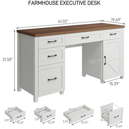Farmhouse 61'' Executive Desk with 5 Drawers,Unique White, view 3