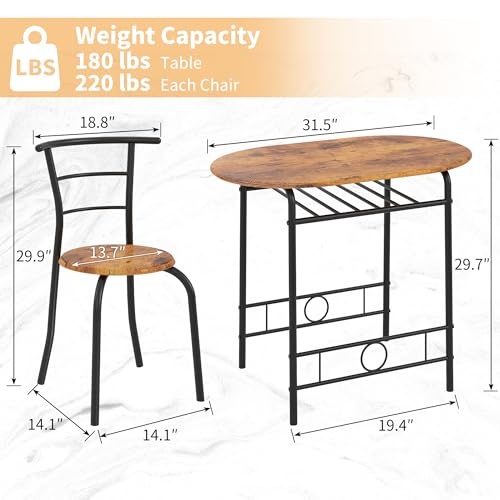 3-Piece Dining Table Set for Kitchen Breakfast Nook, Wood Grain Oval Tabletop and Metal Frame with Built-in Wine Rack, for Small Spaces, Antique Brown & Black
