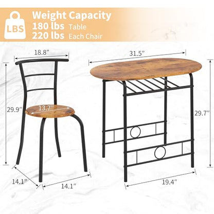 3-Piece Dining Table Set for Kitchen Breakfast Nook, Wood Grain Oval Tabletop and Metal Frame with Built-in Wine Rack, for Small Spaces, Antique Brown & Black