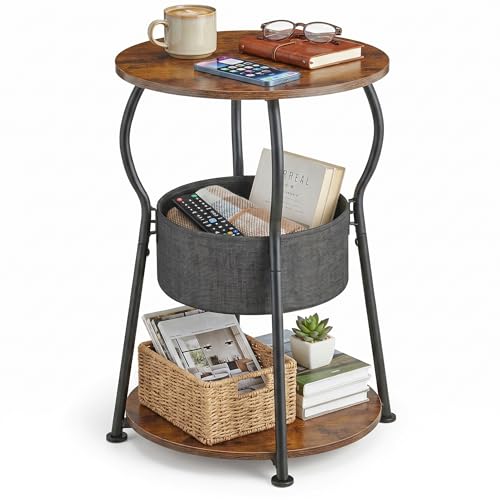 Small Round Side Table with Storage Bag, 3-Tier Accent Round End Table with Storage Shelves for Living Room, 21.6" H Vintage Small Corner Table for Smalls Spaces (D - 15.8 in Rustic Brown)