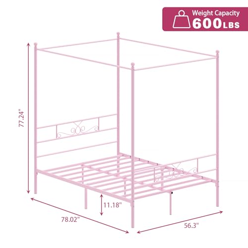 Full Metal Canopy Platform Bed Frame with Headboard, Pink, view 3