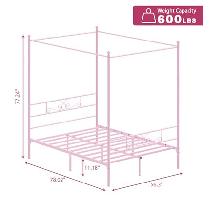 Full Metal Canopy Platform Bed Frame with Headboard, Pink, view 3
