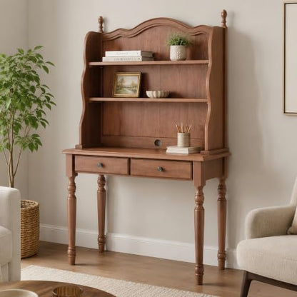 Mid-Century Desk with 2 Drawers, Hutch and Storage Shelves, view 2