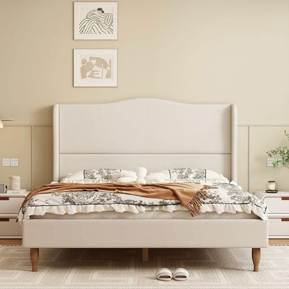 Wingback Upholstered Platform Bed with 50.6 Inch Tall Headboard, Beige, view 2